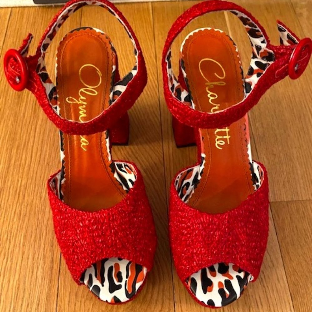 Charlotte Olympia Raffia Red Platform Sandal 38 Retail $595
